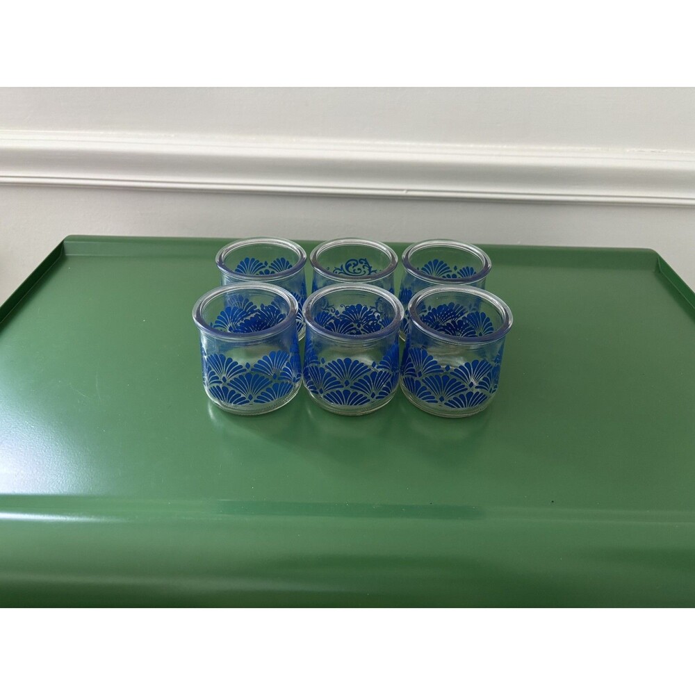 Vintage Oui Yogurt Jars Glass Blue Set Of 6